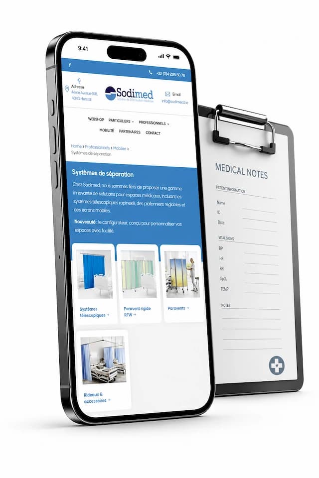 Mockup smartphone avec clipboard médical — page Professionnels Sodimed