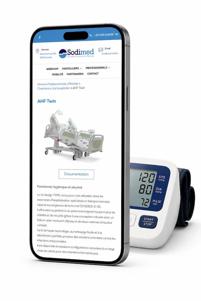 Mockup smartphone avec tensiomètre — page produit professionnel Sodimed