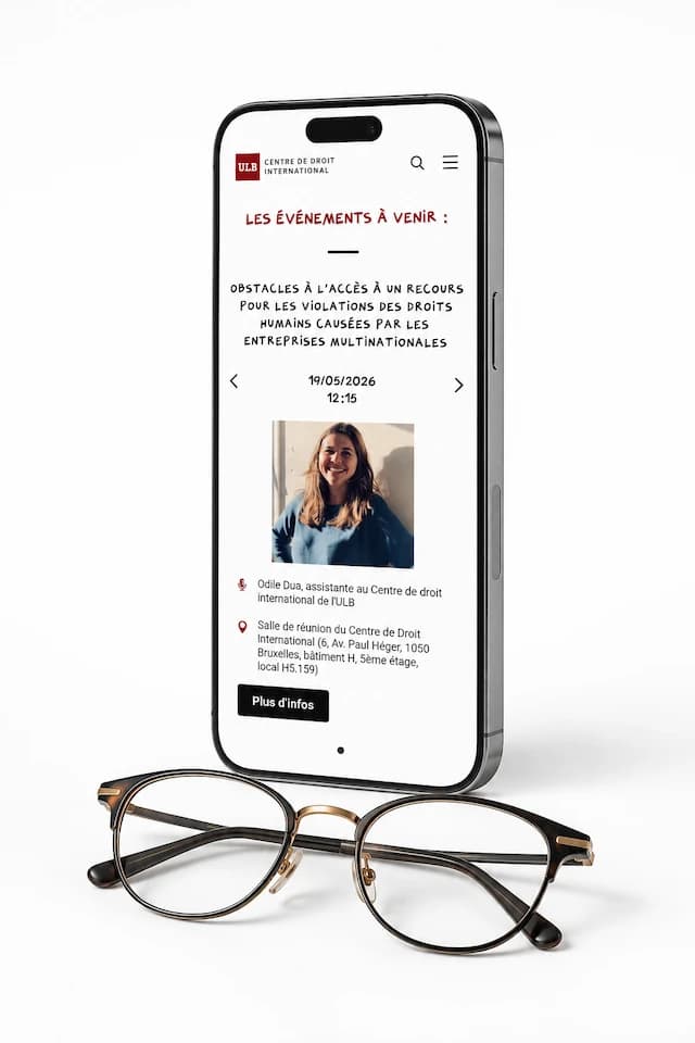 Mockup smartphone — page événements du site ULB Centre de droit international, réalisé par Easy On Web